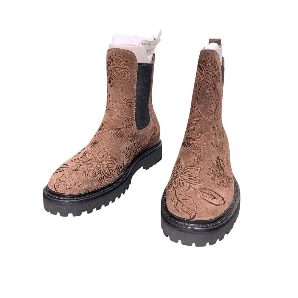 Johnny Was Brown Floral Suede Chelsea Ankle Boots